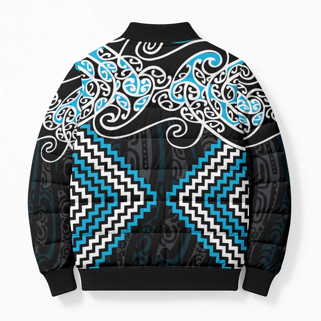 Blue Aotearoa Tukutuku Manawa Tapu Bomber Puffer Jacket Ta Moko Toi Maori - Polynesian Pride