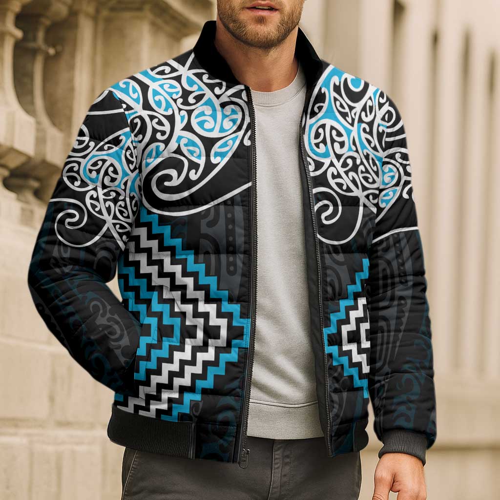 Blue Aotearoa Tukutuku Manawa Tapu Bomber Puffer Jacket Ta Moko Toi Maori - Polynesian Pride
