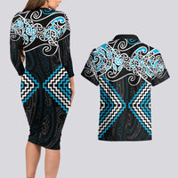 Blue Aotearoa Tukutuku Manawa Tapu Couples Matching Long Sleeve Bodycon Dress and Hawaiian Shirt Ta Moko Toi Maori LT9 - Polynesian Pride