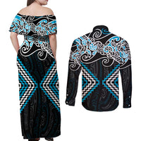 Blue Aotearoa Tukutuku Manawa Tapu Couples Matching Off Shoulder Maxi Dress and Long Sleeve Button Shirt Ta Moko Toi Maori LT9 - Polynesian Pride