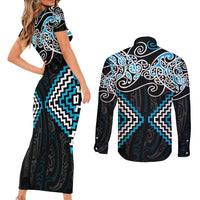 Blue Aotearoa Tukutuku Manawa Tapu Couples Matching Short Sleeve Bodycon Dress and Long Sleeve Button Shirt Ta Moko Toi Maori