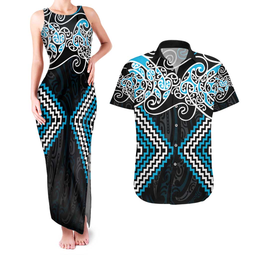Blue Aotearoa Tukutuku Manawa Tapu Couples Matching Tank Maxi Dress and Hawaiian Shirt Ta Moko Toi Maori LT9 Blue - Polynesian Pride
