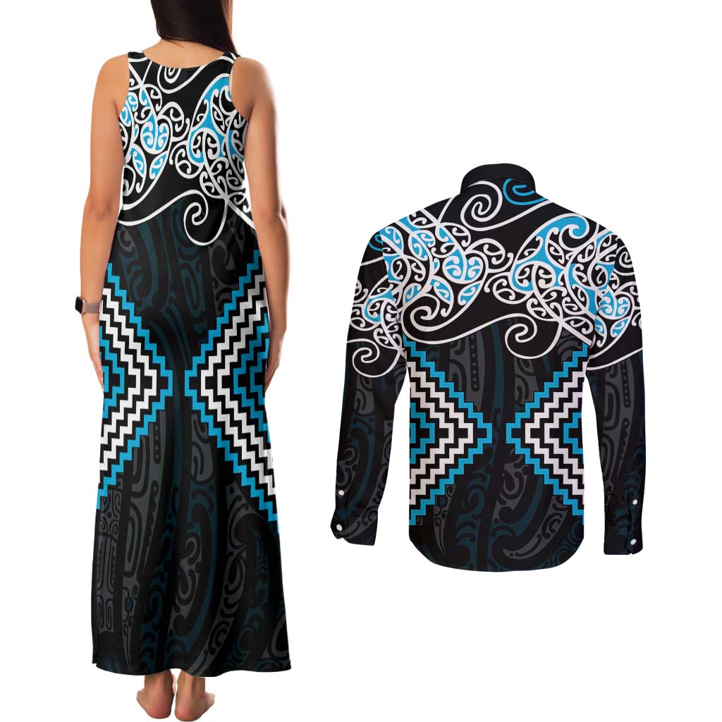Blue Aotearoa Tukutuku Manawa Tapu Couples Matching Tank Maxi Dress and Long Sleeve Button Shirt Ta Moko Toi Maori