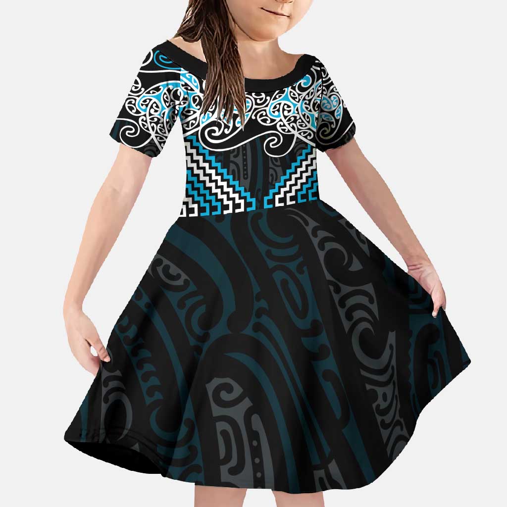 Blue Aotearoa Tukutuku Manawa Tapu Family Matching Long Sleeve Bodycon Dress and Hawaiian Shirt Ta Moko Toi Maori LT9 Daughter's Dress Blue - Polynesian Pride