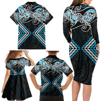 Blue Aotearoa Tukutuku Manawa Tapu Family Matching Long Sleeve Bodycon Dress and Hawaiian Shirt Ta Moko Toi Maori LT9 - Polynesian Pride