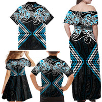 Blue Aotearoa Tukutuku Manawa Tapu Family Matching Off Shoulder Maxi Dress and Hawaiian Shirt Ta Moko Toi Maori LT9 - Polynesian Pride