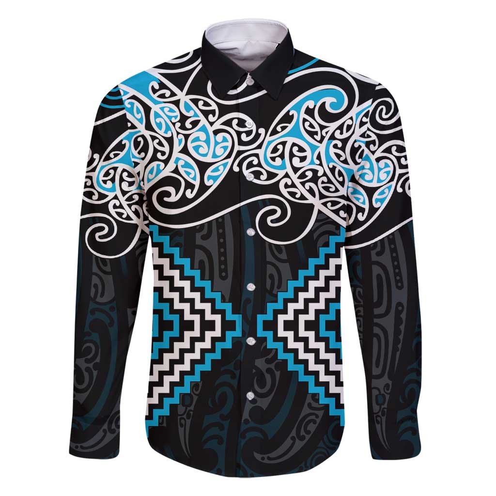 Blue Aotearoa Tukutuku Manawa Tapu Family Matching Off Shoulder Maxi Dress and Hawaiian Shirt Ta Moko Toi Maori LT9 Dad's Shirt - Long Sleeve Blue - Polynesian Pride
