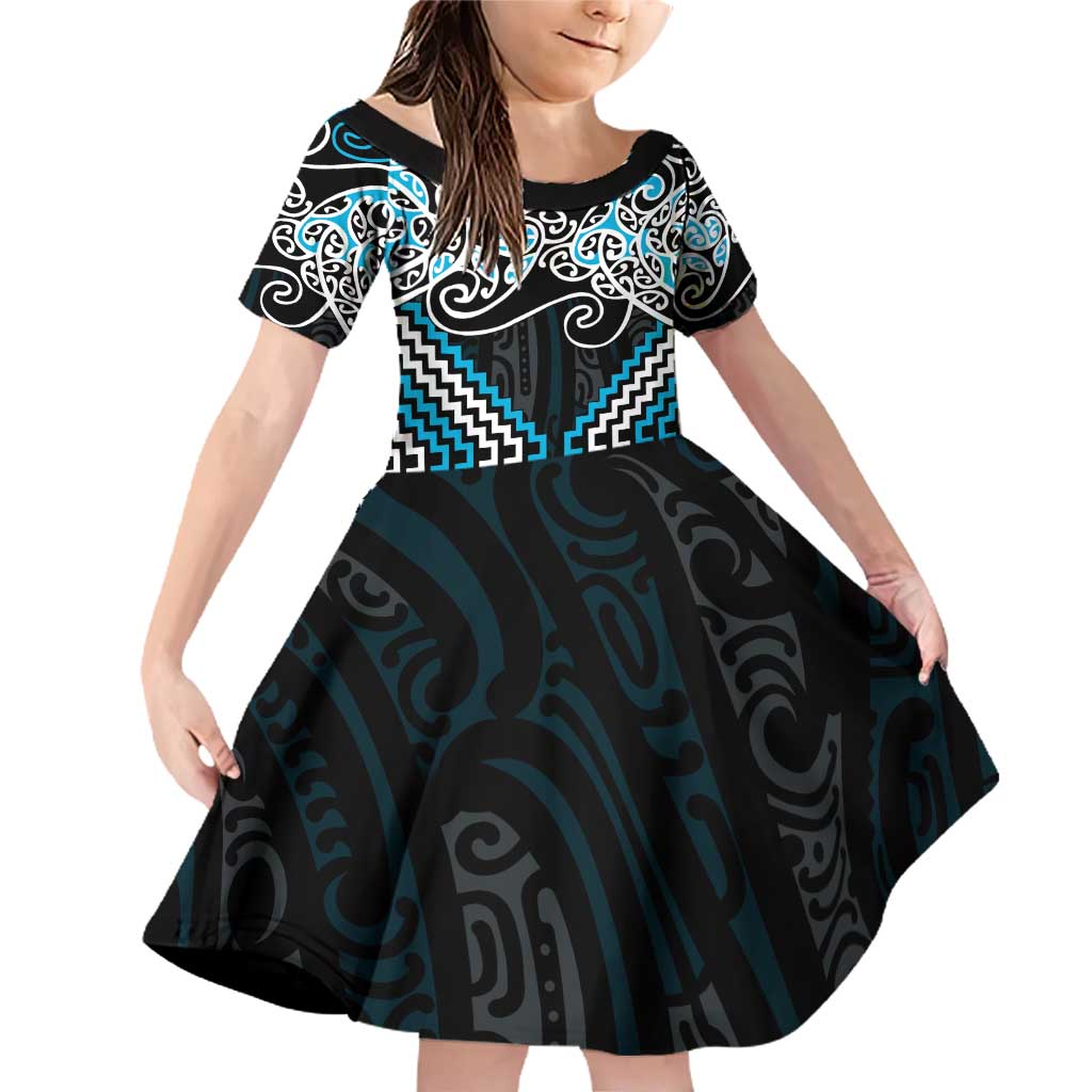 Blue Aotearoa Tukutuku Manawa Tapu Family Matching Off Shoulder Short Dress and Hawaiian Shirt Ta Moko Toi Maori LT9 Daughter's Dress Blue - Polynesian Pride