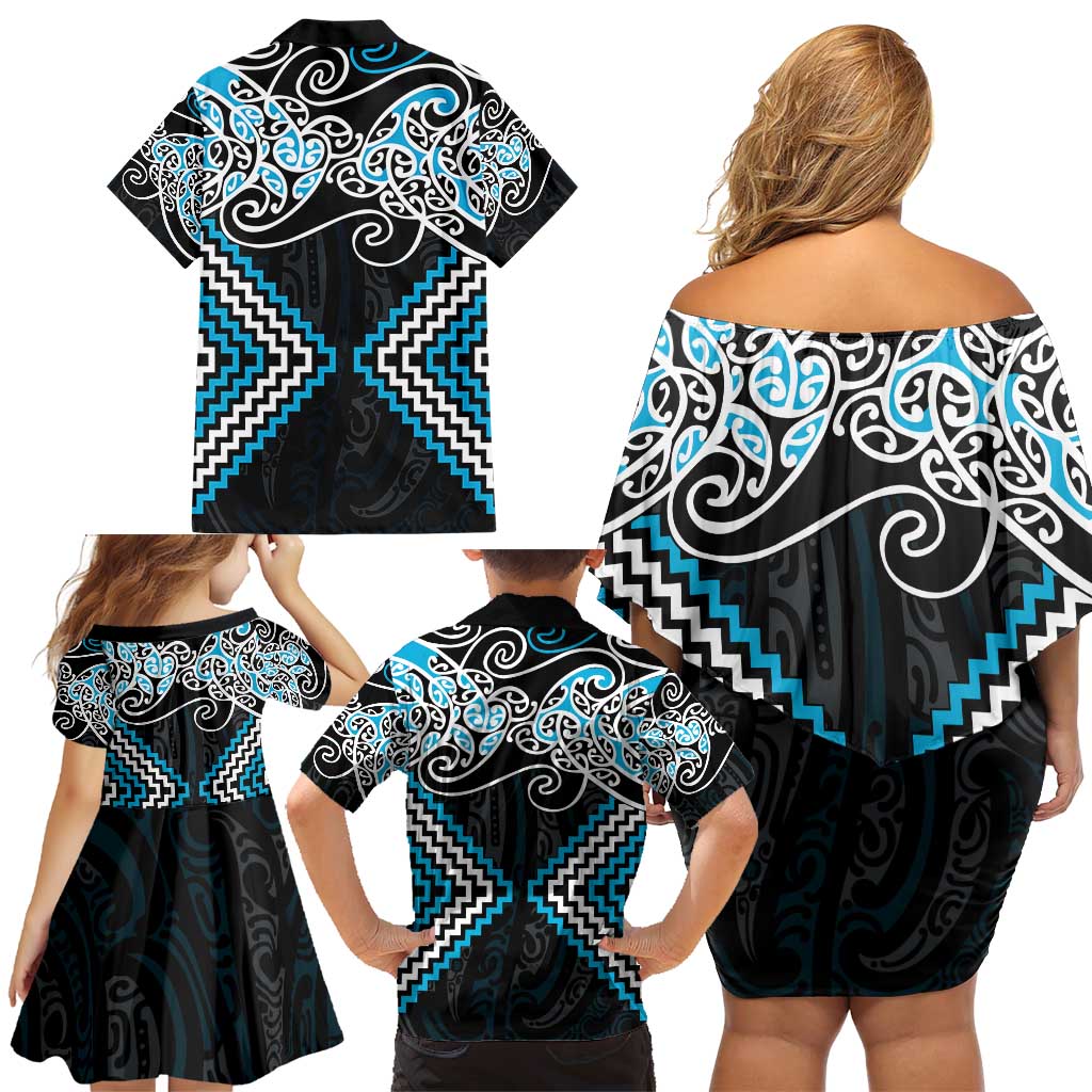 Blue Aotearoa Tukutuku Manawa Tapu Family Matching Off Shoulder Short Dress and Hawaiian Shirt Ta Moko Toi Maori LT9 - Polynesian Pride