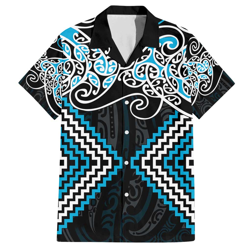 Blue Aotearoa Tukutuku Manawa Tapu Family Matching Off Shoulder Short Dress and Hawaiian Shirt Ta Moko Toi Maori LT9 Dad's Shirt - Short Sleeve Blue - Polynesian Pride