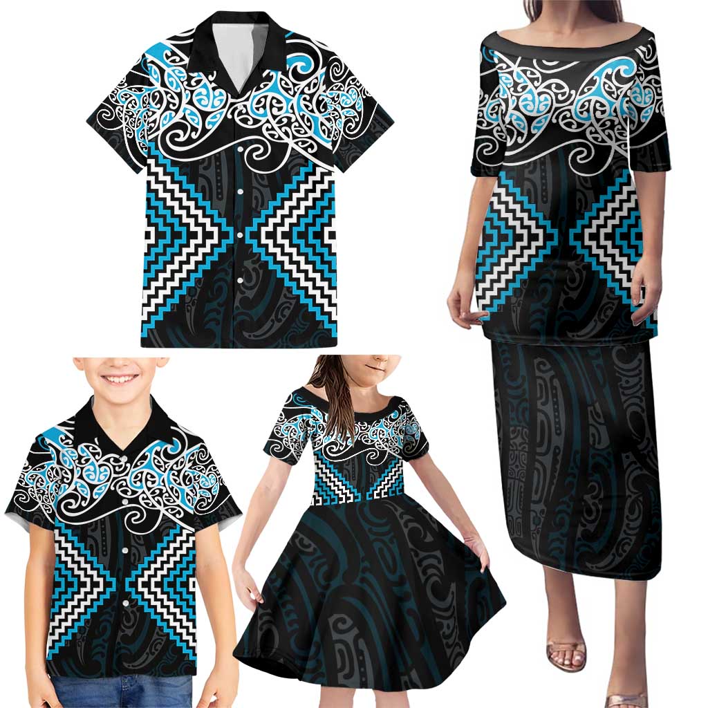 Blue Aotearoa Tukutuku Manawa Tapu Family Matching Puletasi and Hawaiian Shirt Ta Moko Toi Maori LT9 - Polynesian Pride