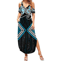 Blue Aotearoa Tukutuku Manawa Tapu Family Matching Summer Maxi Dress and Hawaiian Shirt Ta Moko Toi Maori LT9 Mom's Dress Blue - Polynesian Pride