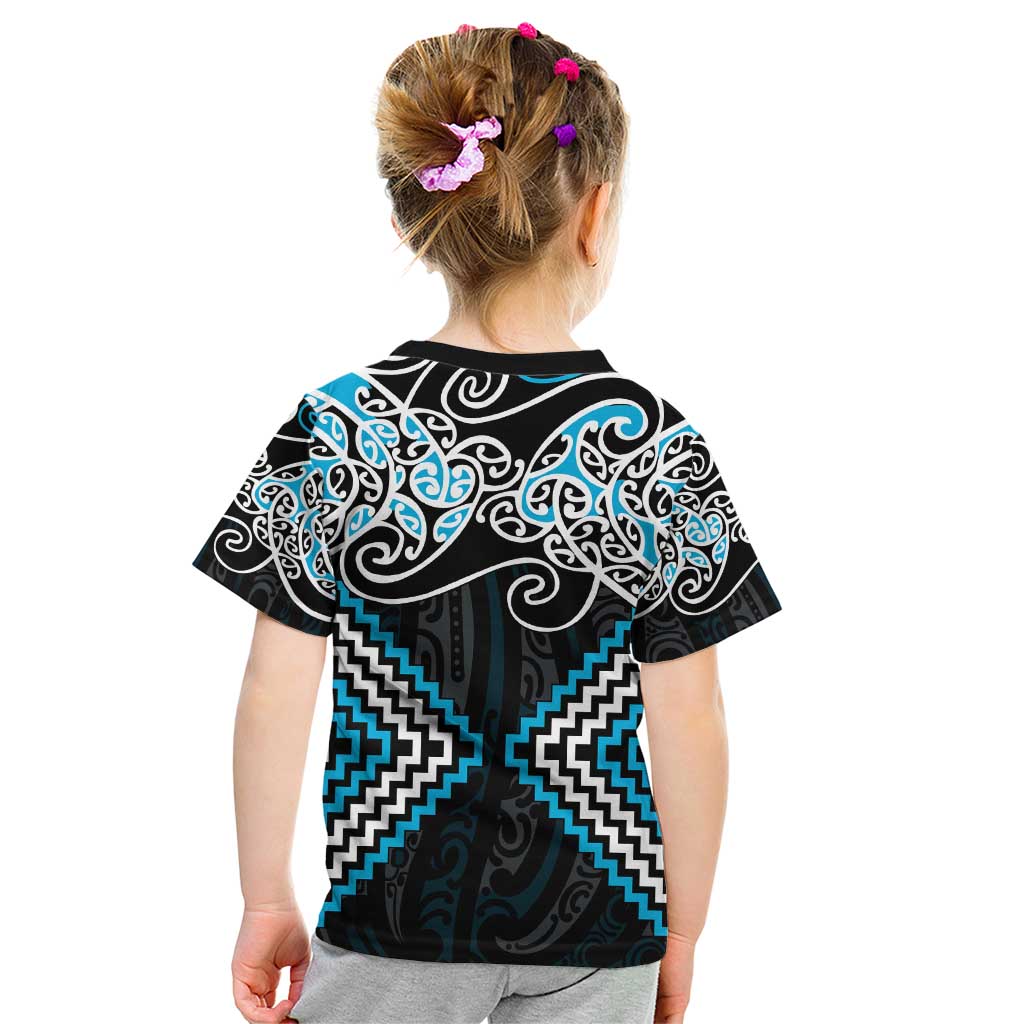 Blue Aotearoa Tukutuku Manawa Tapu Kid T Shirt Ta Moko Toi Maori LT9 - Polynesian Pride