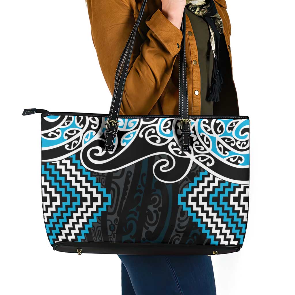 Blue Aotearoa Tukutuku Manawa Tapu Leather Tote Bag Ta Moko Toi Maori LT9 - Polynesian Pride