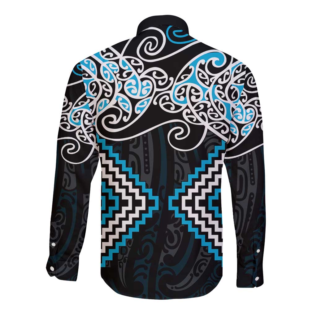 Blue Aotearoa Tukutuku Manawa Tapu Long Sleeve Button Shirt Ta Moko Toi Maori