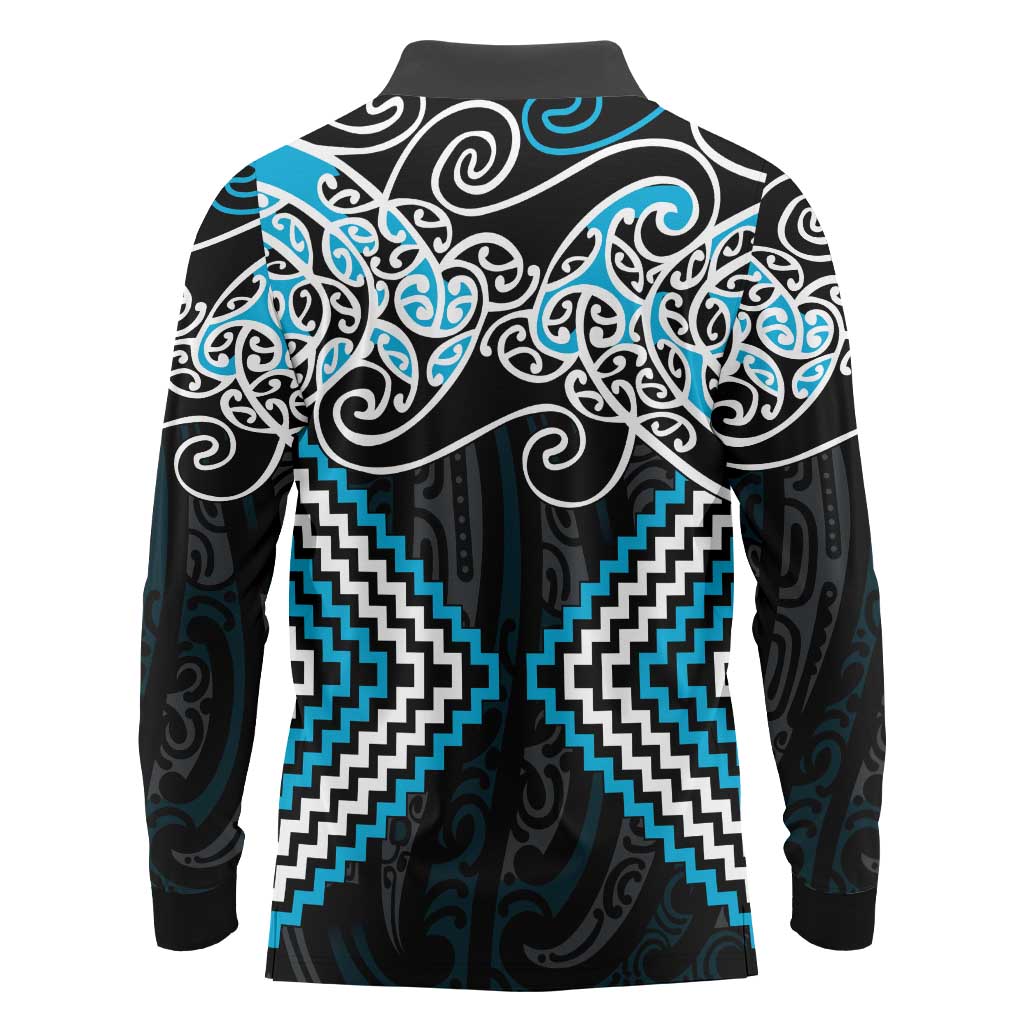 Blue Aotearoa Tukutuku Manawa Tapu Long Sleeve Polo Shirt Ta Moko Toi Maori