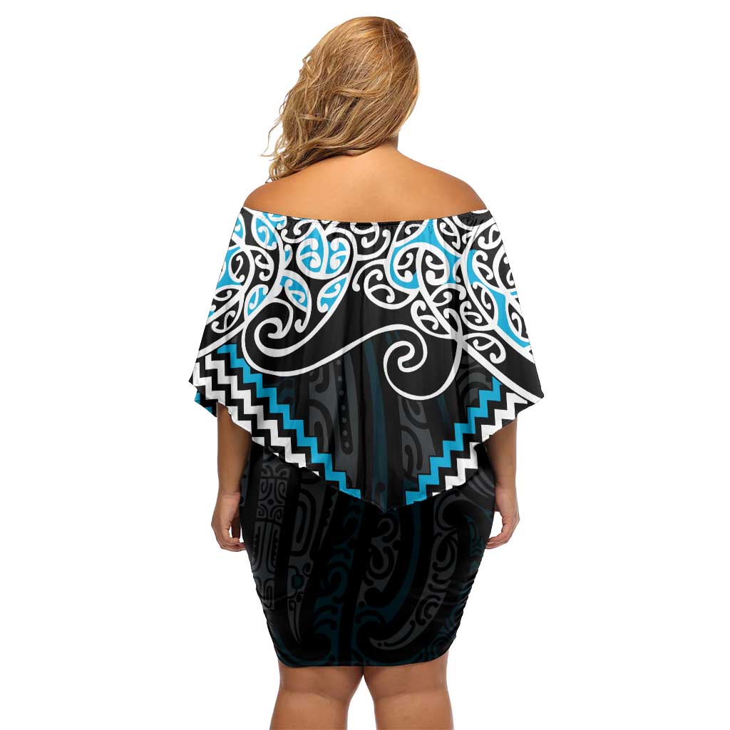 Blue Aotearoa Tukutuku Manawa Tapu Off Shoulder Short Dress Ta Moko Toi Maori