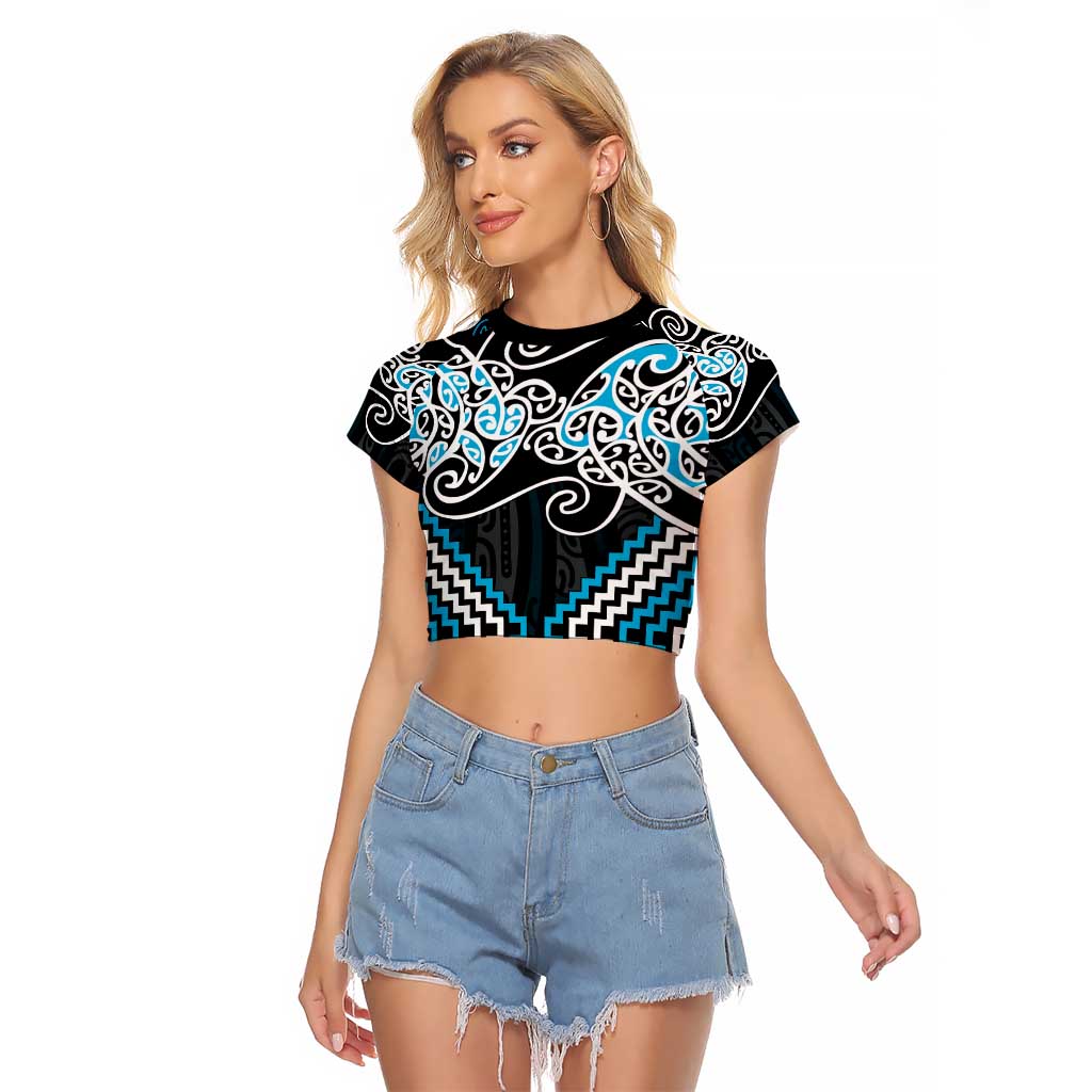 Blue Aotearoa Tukutuku Manawa Tapu Raglan Cropped T Shirt Ta Moko Toi Maori LT9 Female Blue - Polynesian Pride