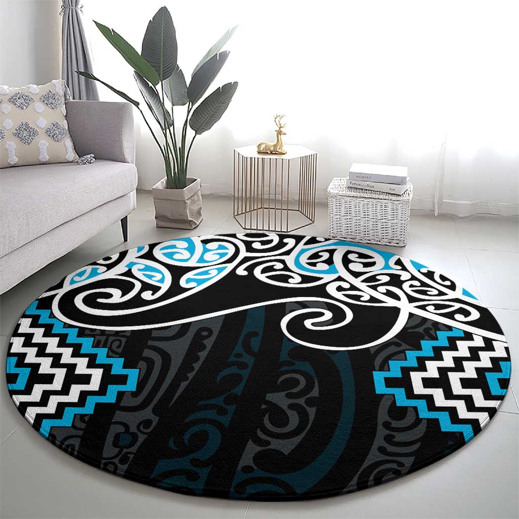Blue Aotearoa Tukutuku Manawa Tapu Round Carpet Ta Moko Toi Maori