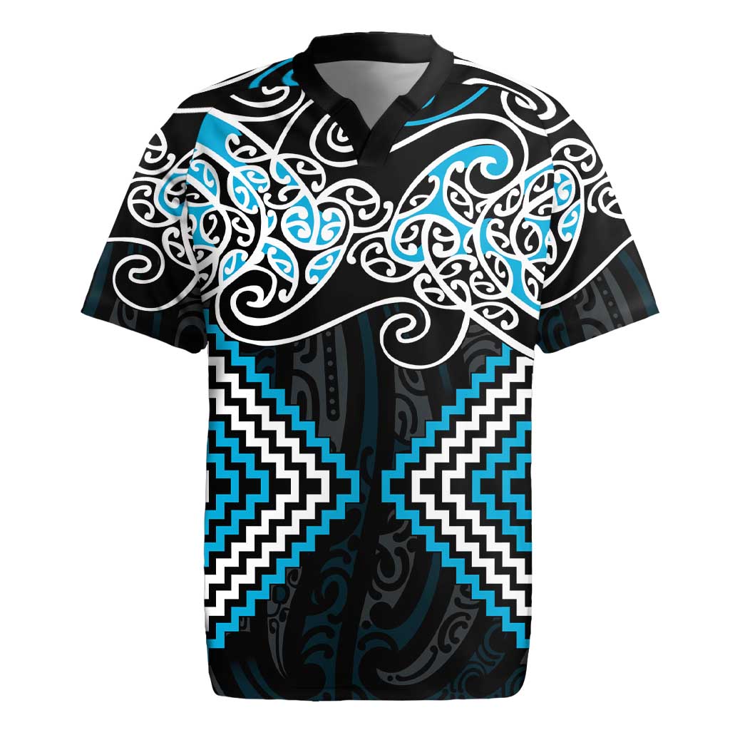 Blue Aotearoa Tukutuku Manawa Tapu Rugby Jersey Ta Moko Toi Maori LT9 Blue - Polynesian Pride