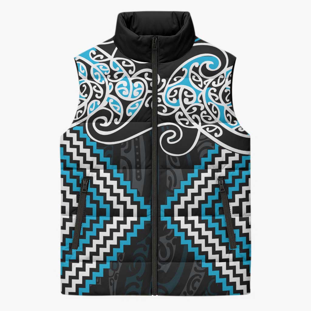 Blue Aotearoa Tukutuku Manawa Tapu Sleeveless Puffer Jacket Ta Moko Toi Maori - Polynesian Pride