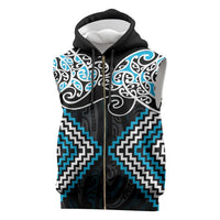 Blue Aotearoa Tukutuku Manawa Tapu Sleeveless Zip Hoodie Ta Moko Toi Maori - Polynesian Pride