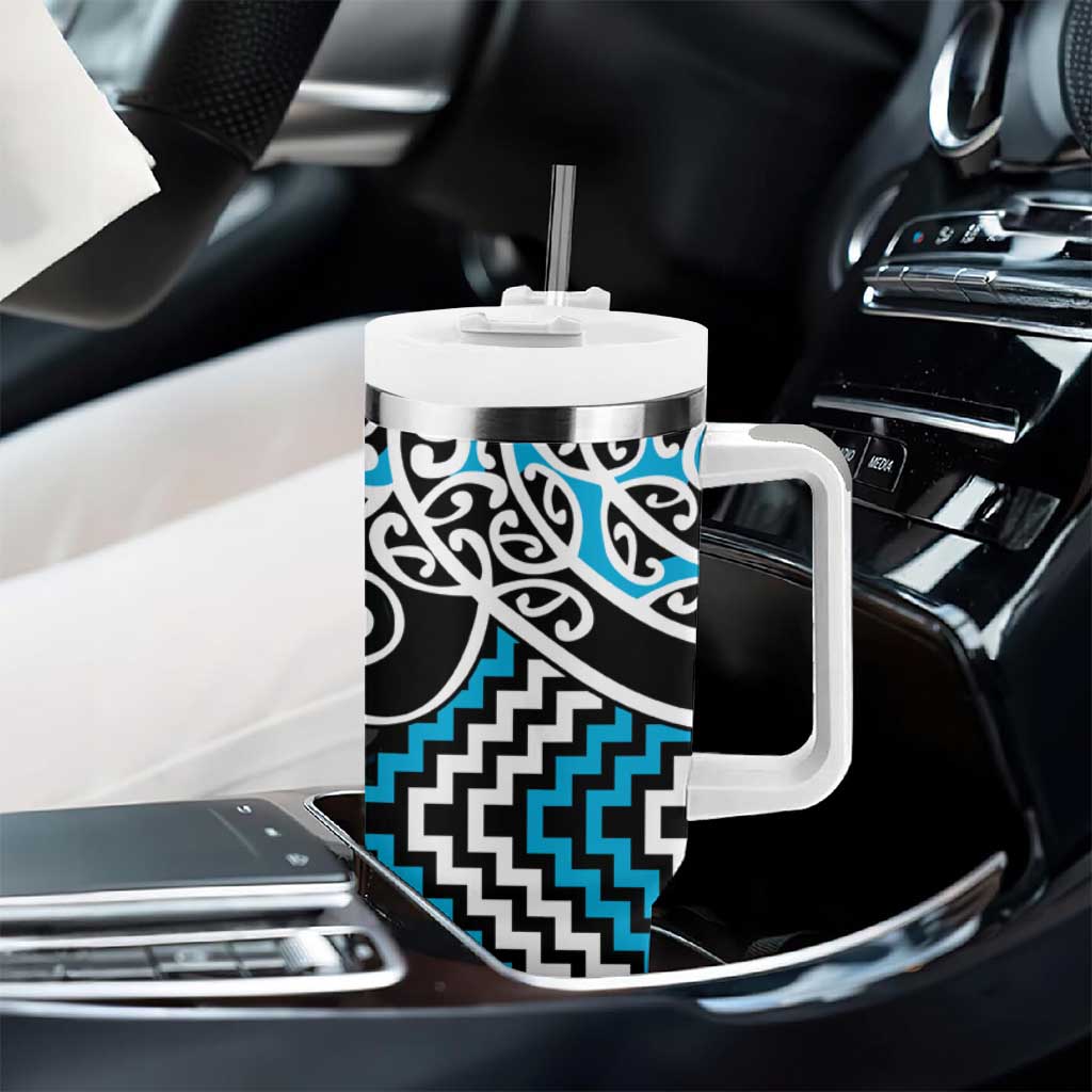 Blue Aotearoa Tukutuku Manawa Tapu Tumbler With Handle Ta Moko Toi Maori LT9 - Polynesian Pride