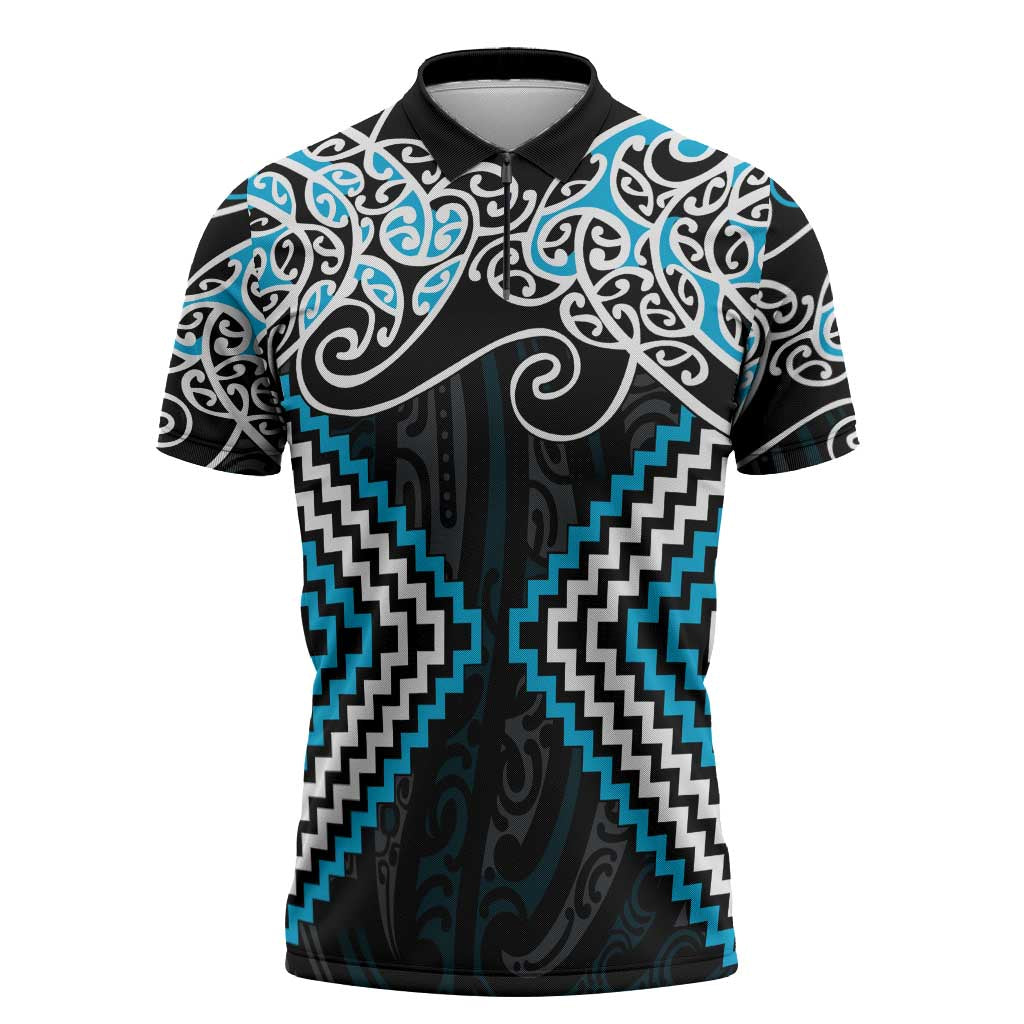 Blue Aotearoa Tukutuku Manawa Tapu Zipper Polo Shirt Ta Moko Toi Maori - Polynesian Pride