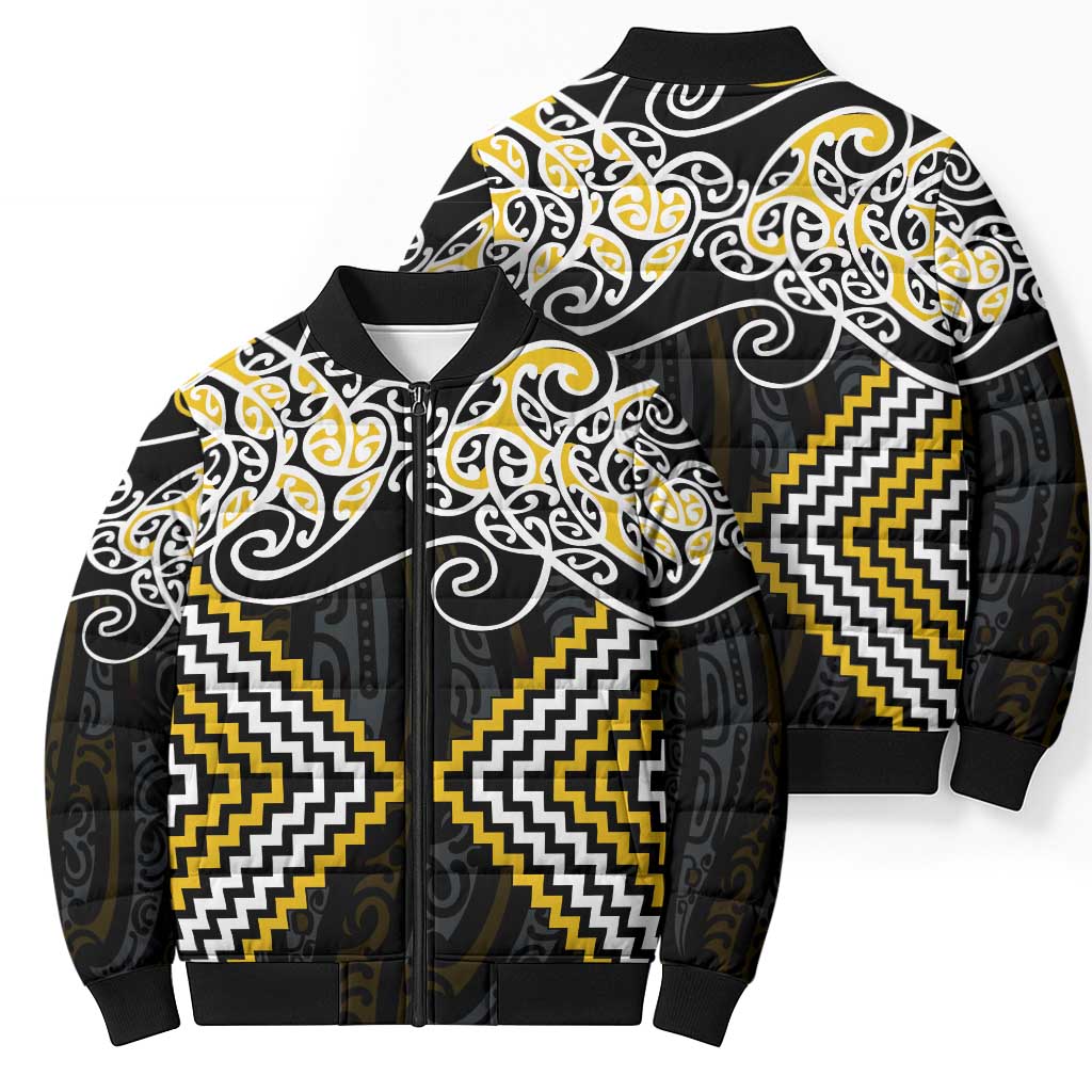Gold Aotearoa Tukutuku Manawa Tapu Bomber Puffer Jacket Ta Moko Toi Maori - Polynesian Pride