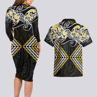 Gold Aotearoa Tukutuku Manawa Tapu Couples Matching Long Sleeve Bodycon Dress and Hawaiian Shirt Ta Moko Toi Maori LT9 - Polynesian Pride
