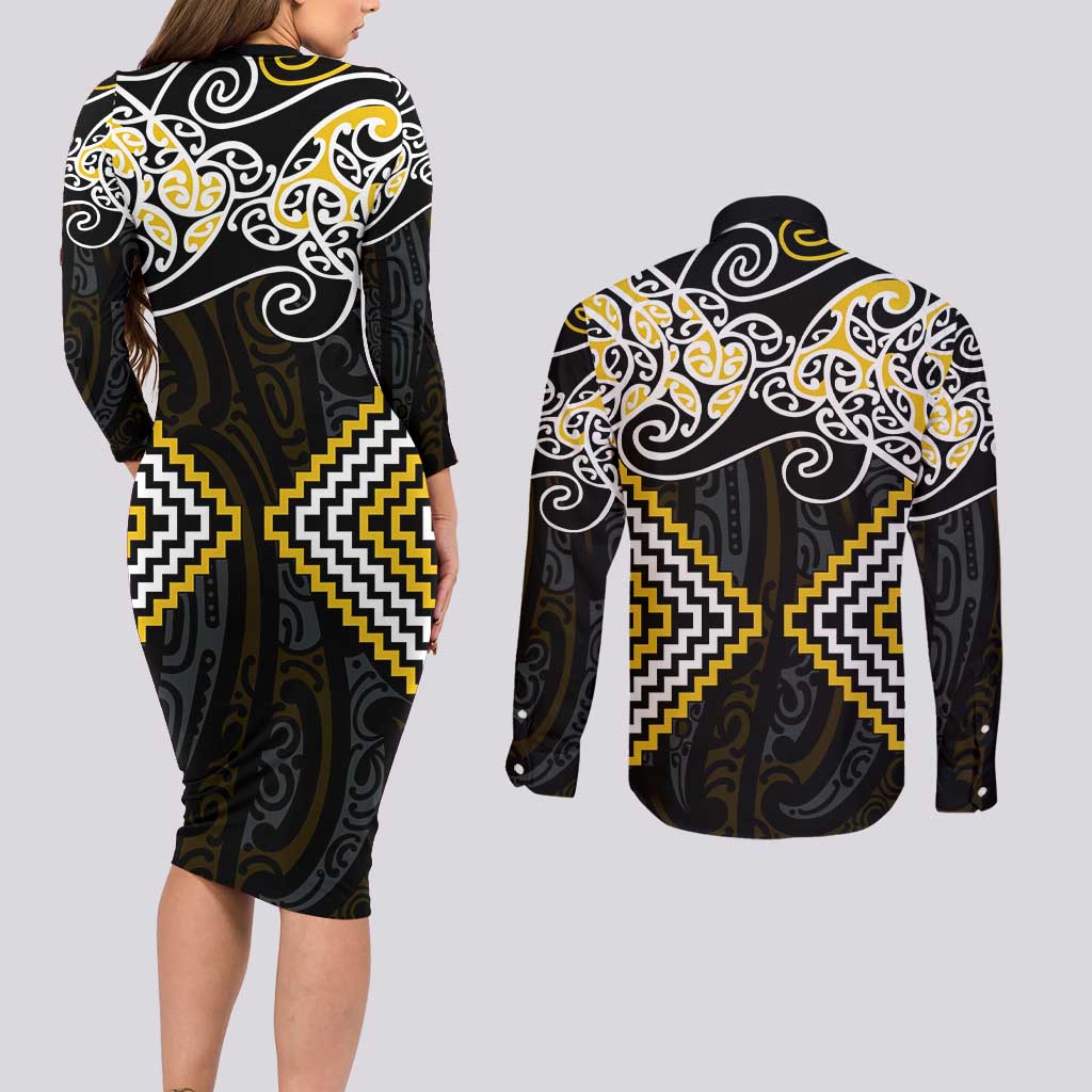 Gold Aotearoa Tukutuku Manawa Tapu Couples Matching Long Sleeve Bodycon Dress and Long Sleeve Button Shirt Ta Moko Toi Maori LT9 - Polynesian Pride