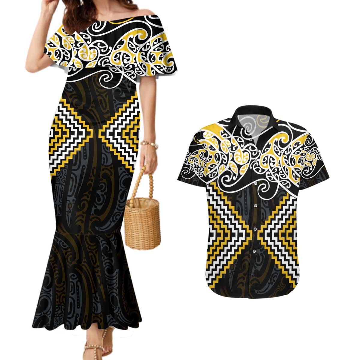 Gold Aotearoa Tukutuku Manawa Tapu Couples Matching Mermaid Dress and Hawaiian Shirt Ta Moko Toi Maori LT9 Gold - Polynesian Pride