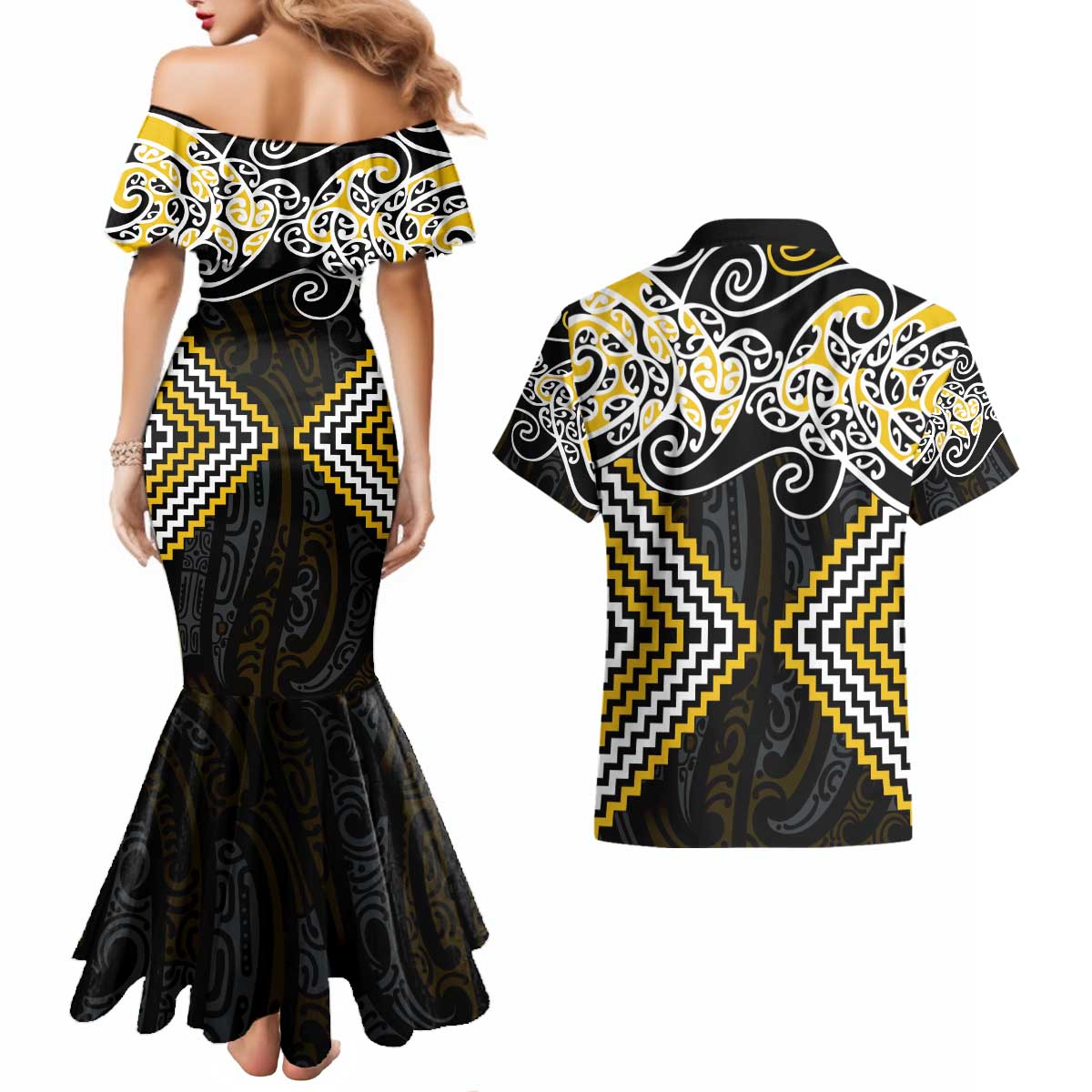 Gold Aotearoa Tukutuku Manawa Tapu Couples Matching Mermaid Dress and Hawaiian Shirt Ta Moko Toi Maori LT9 - Polynesian Pride