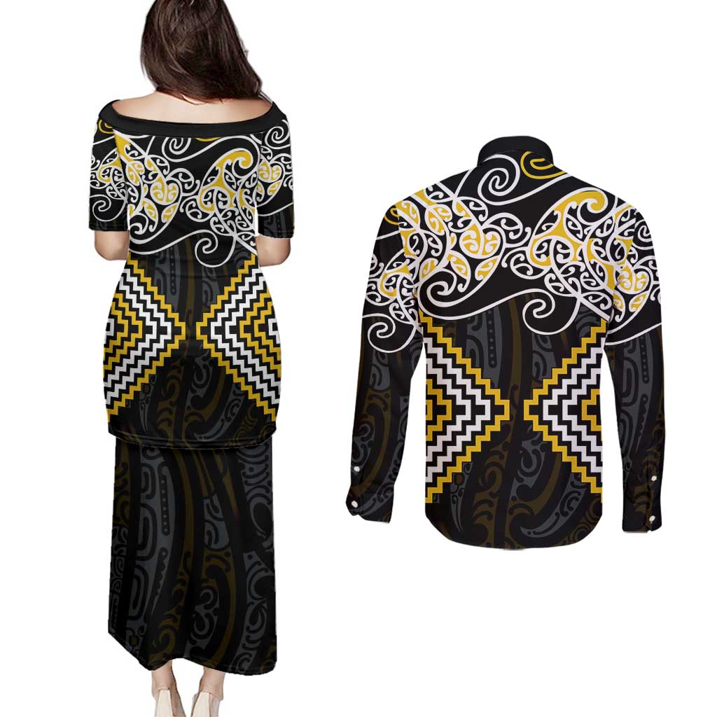 Gold Aotearoa Tukutuku Manawa Tapu Couples Matching Puletasi and Long Sleeve Button Shirt Ta Moko Toi Maori LT9 - Polynesian Pride