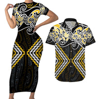 Gold Aotearoa Tukutuku Manawa Tapu Couples Matching Short Sleeve Bodycon Dress and Hawaiian Shirt Ta Moko Toi Maori LT9 Gold - Polynesian Pride