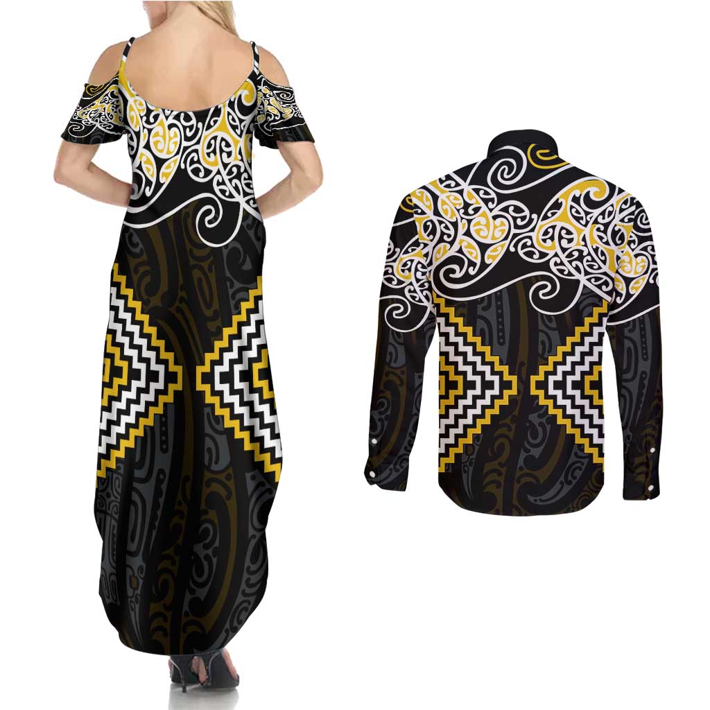 Gold Aotearoa Tukutuku Manawa Tapu Couples Matching Summer Maxi Dress and Long Sleeve Button Shirt Ta Moko Toi Maori