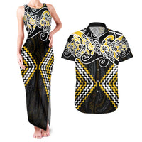Gold Aotearoa Tukutuku Manawa Tapu Couples Matching Tank Maxi Dress and Hawaiian Shirt Ta Moko Toi Maori LT9 Gold - Polynesian Pride