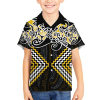 Gold Aotearoa Tukutuku Manawa Tapu Family Matching Long Sleeve Bodycon Dress and Hawaiian Shirt Ta Moko Toi Maori LT9 Son's Shirt Gold - Polynesian Pride