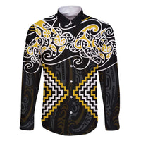 Gold Aotearoa Tukutuku Manawa Tapu Family Matching Mermaid Dress and Hawaiian Shirt Ta Moko Toi Maori LT9 Dad's Shirt - Long Sleeve Gold - Polynesian Pride