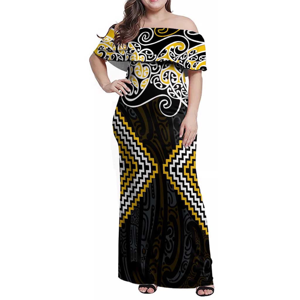 Gold Aotearoa Tukutuku Manawa Tapu Family Matching Off Shoulder Maxi Dress and Hawaiian Shirt Ta Moko Toi Maori LT9 Mom's Dress Gold - Polynesian Pride