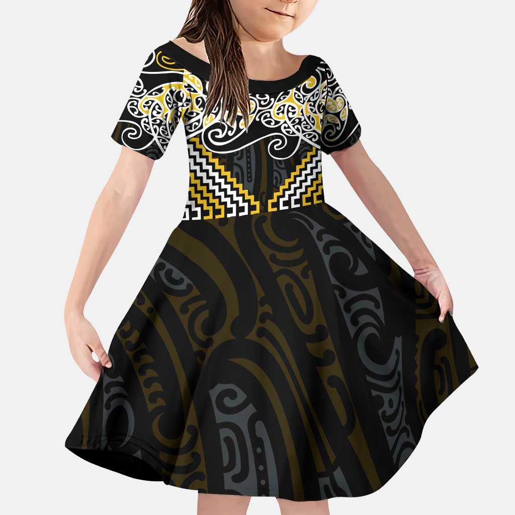 Gold Aotearoa Tukutuku Manawa Tapu Family Matching Puletasi and Hawaiian Shirt Ta Moko Toi Maori LT9 Daughter's Dress Gold - Polynesian Pride
