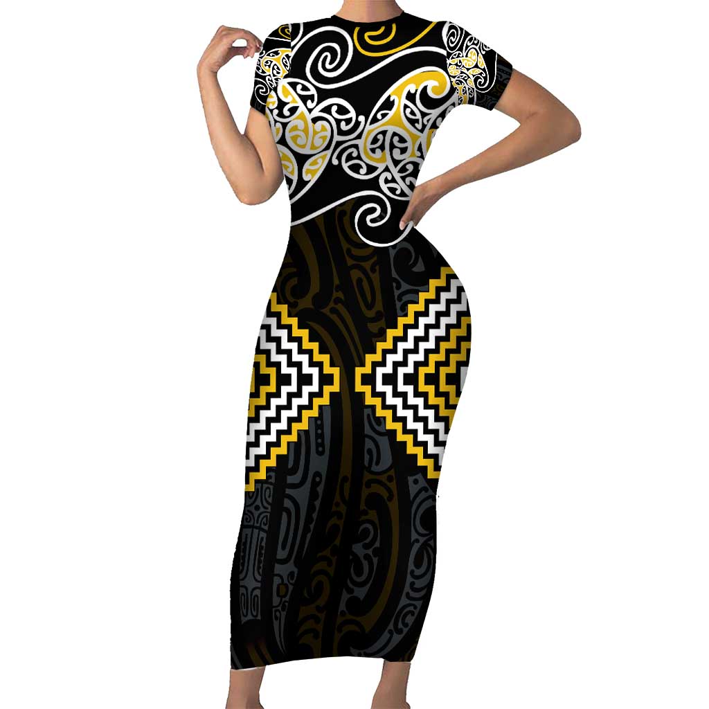 Gold Aotearoa Tukutuku Manawa Tapu Family Matching Short Sleeve Bodycon Dress and Hawaiian Shirt Ta Moko Toi Maori LT9 Mom's Dress Gold - Polynesian Pride