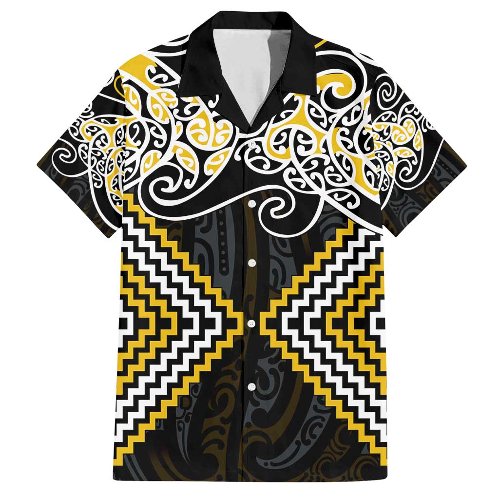 Gold Aotearoa Tukutuku Manawa Tapu Family Matching Tank Maxi Dress and Hawaiian Shirt Ta Moko Toi Maori LT9 Dad's Shirt - Short Sleeve Gold - Polynesian Pride