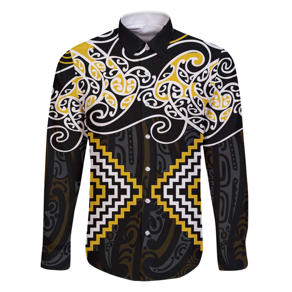 Gold Aotearoa Tukutuku Manawa Tapu Family Matching Tank Maxi Dress and Hawaiian Shirt Ta Moko Toi Maori LT9 Dad's Shirt - Long Sleeve Gold - Polynesian Pride