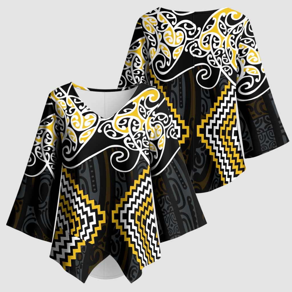 Gold Aotearoa Tukutuku Manawa Tapu Kimono Sleeve Blouse Ta Moko Toi Maori - Polynesian Pride