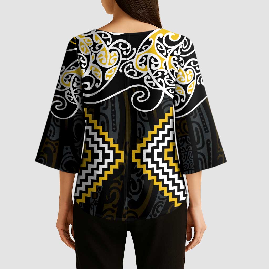 Gold Aotearoa Tukutuku Manawa Tapu Kimono Sleeve Blouse Ta Moko Toi Maori - Polynesian Pride