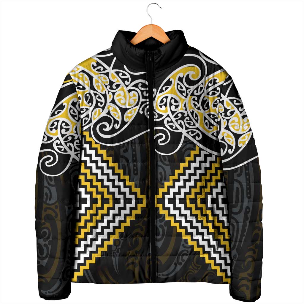 Gold Aotearoa Tukutuku Manawa Tapu Padded Jacket Ta Moko Toi Maori - Polynesian Pride