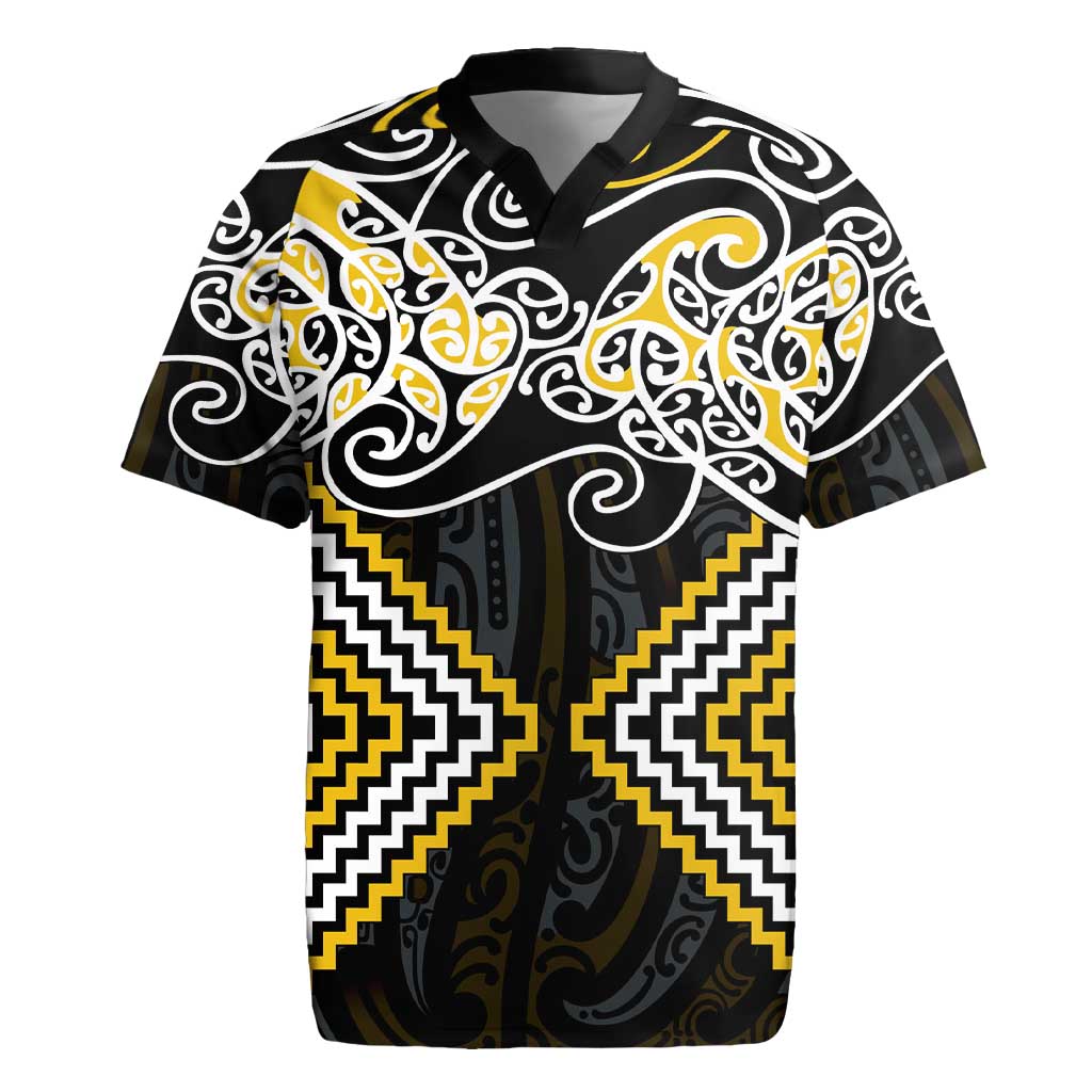 Gold Aotearoa Tukutuku Manawa Tapu Rugby Jersey Ta Moko Toi Maori LT9 Gold - Polynesian Pride