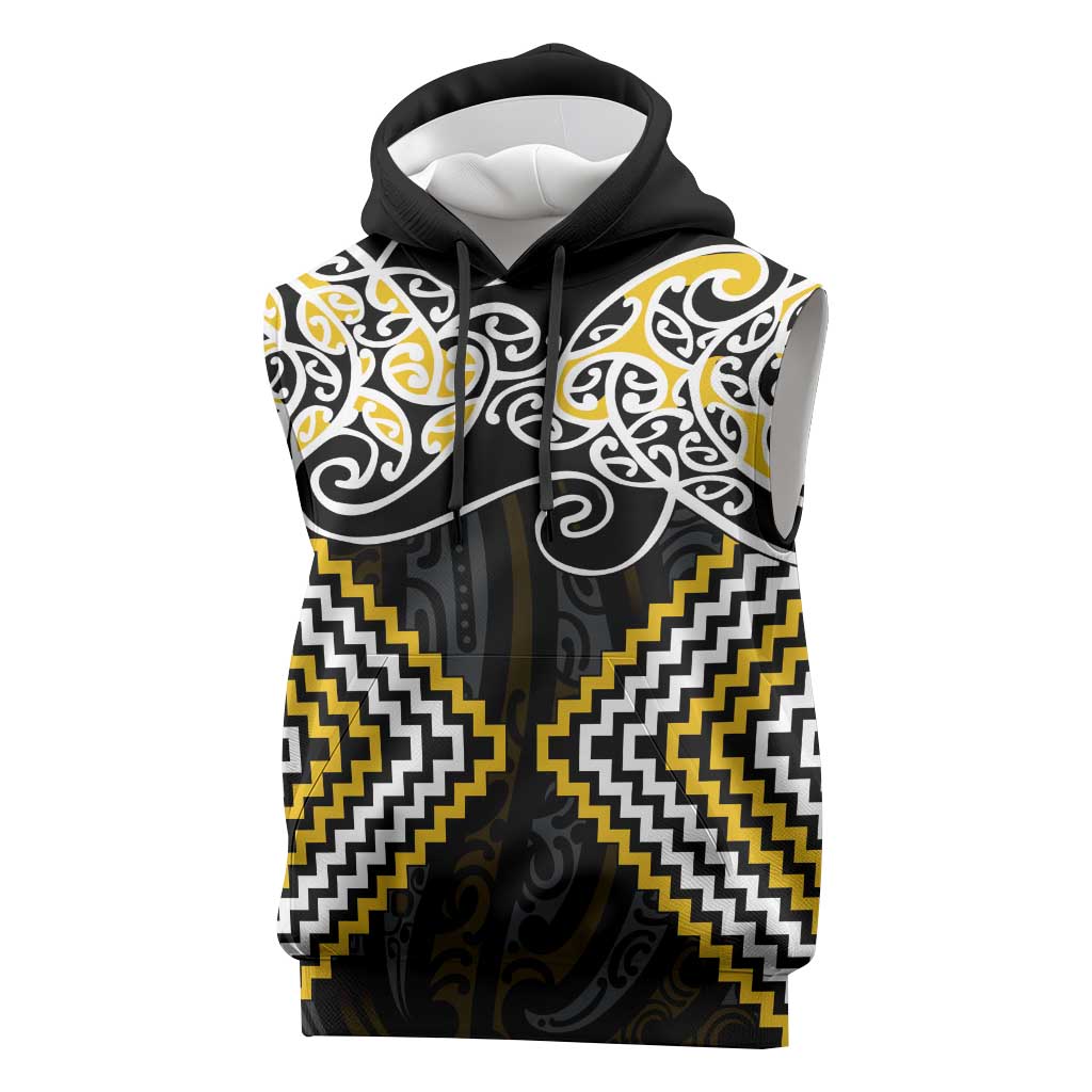 Gold Aotearoa Tukutuku Manawa Tapu Sleeveless Hoodie Ta Moko Toi Maori - Polynesian Pride