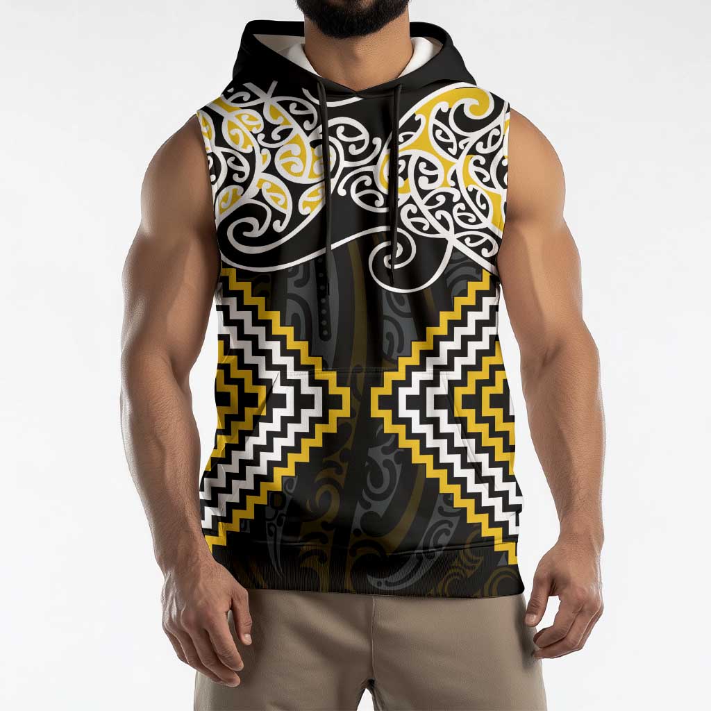 Gold Aotearoa Tukutuku Manawa Tapu Sleeveless Hoodie Ta Moko Toi Maori - Polynesian Pride